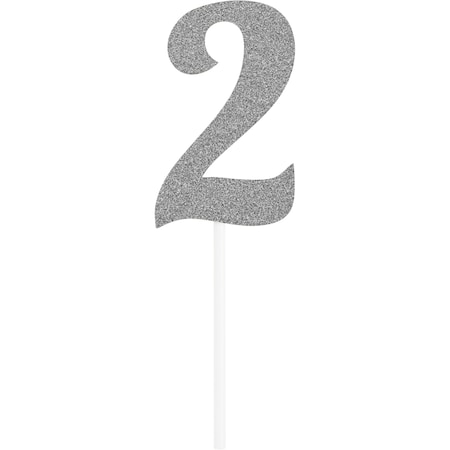 Number 2 Silver Glitter Cake Topper, 6x2, 12PK